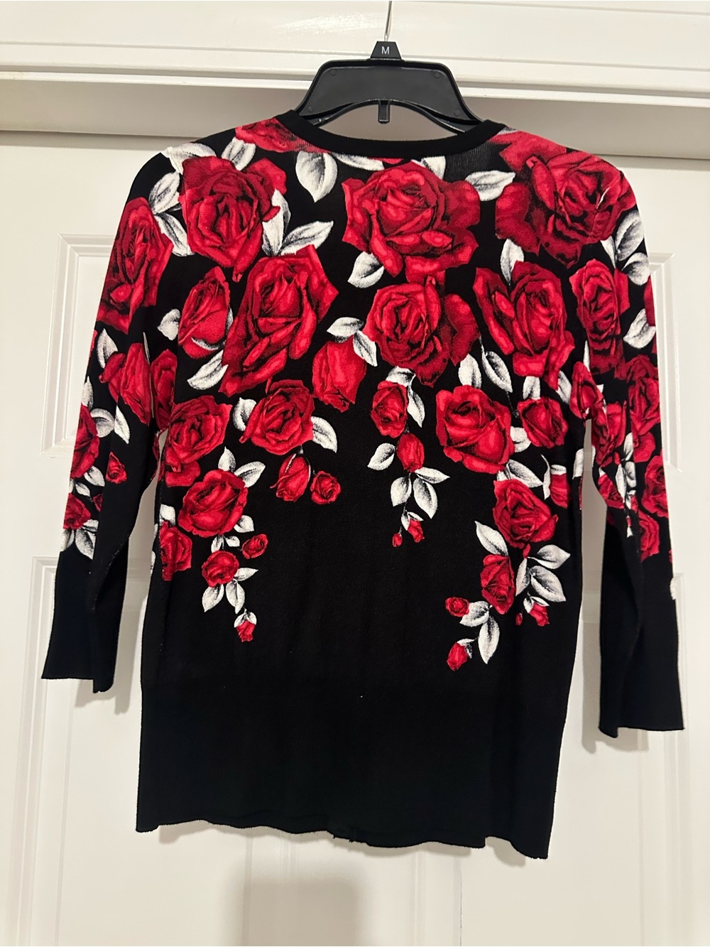 White House Black Market Black Cardigan with Red Rose Pattern - Picture 3 of 3